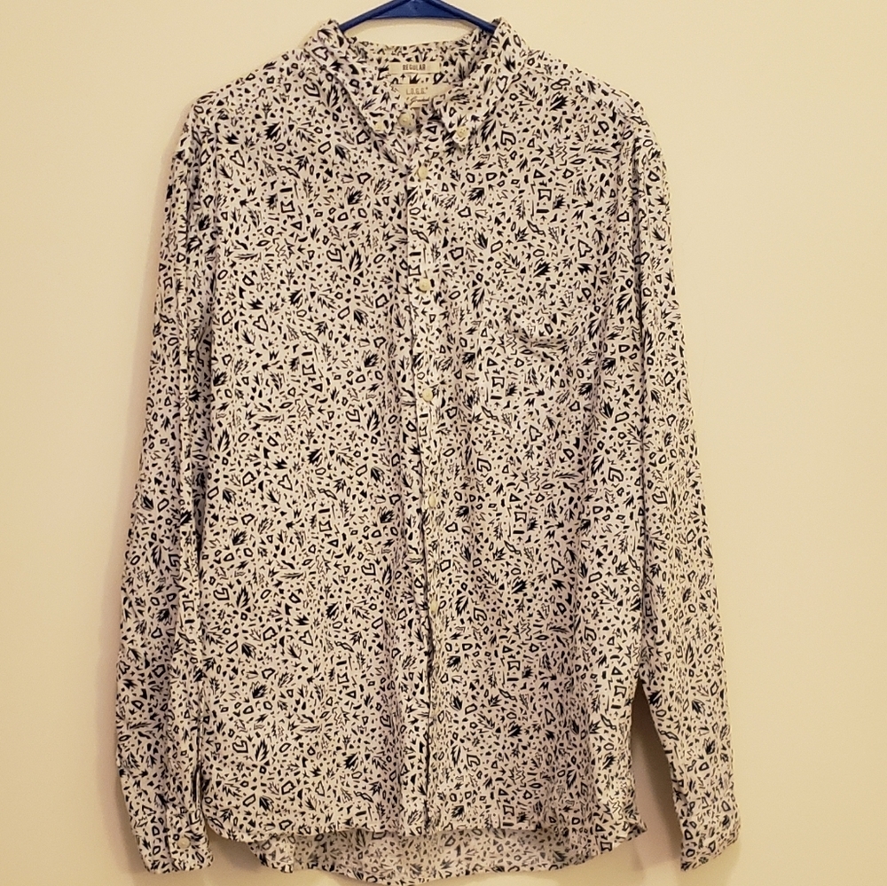 H&M Long Sleeve Button Down Retro Geometric Pattern Navy Blue White Shirt XL